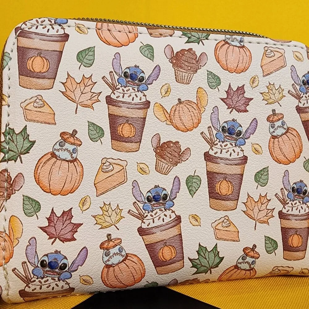 Loungefly Disney Lilo & Stitch Pumpkin Spice Latte Fall Leaf Zip Wallet NEW